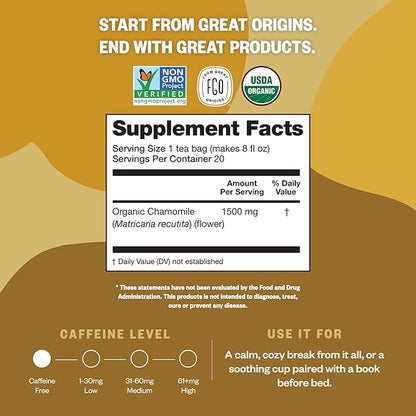 FGO Organic Chamomile Tea, 100 Eco-Conscious Tea Bags, Caffeine Free, Resealable Bag, Packaging May Vary (Pack of 1)