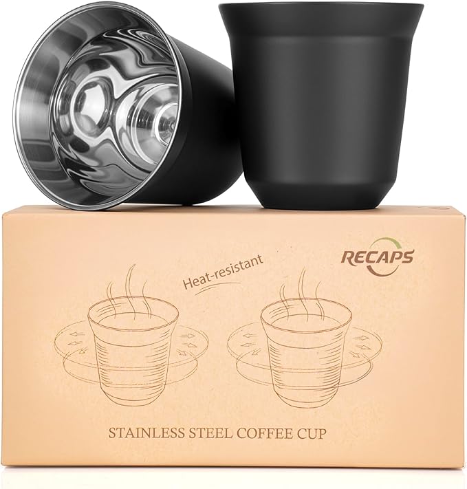 RECAPS 80ml Stainless Steel Espresso Cups Set - 2 Pack Double Wall 304 Stainless Steel Demitasse Cups 2.7oz,Black (Small Cup)