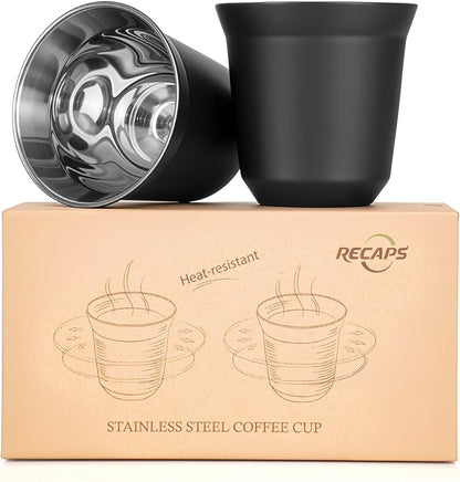 RECAPS 80ml Stainless Steel Espresso Cups Set - 2 Pack Double Wall 304 Stainless Steel Demitasse Cups 2.7oz,Black (Small Cup)