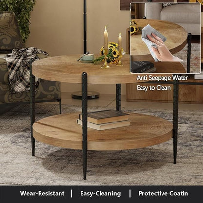 Round Coffee Table for Living Room, Small 2-Tier Circle Coffee Tables with Storage Shelf, Rustic Wood Desktop Modern Design Accent Center Table Home Furniture for Apartment, Brown and Black