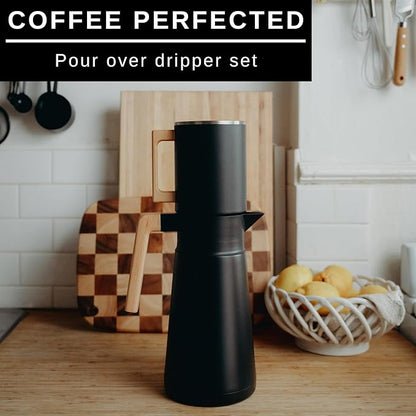 HASTINGS 68 Oz Pour Over Coffee Maker Set with Double Layer Reusable Stainless Steel Filter 8-Cup and Wood Handle - Dual Wall Heat Resistant Drip Coffee Brewer, Pour Over Coffee Dripper Carafe, Black
