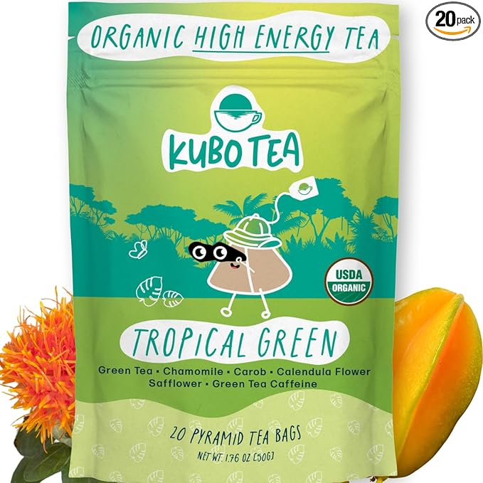 High Caffeine Tea (155 mg) - Kubo Tea: Organic Tropical Green Tea Bags for Clean Energy & Focus | Healthy Coffee Substitute | Refreshing Caffeine Blend | 20 Ct | Compostable Packaging