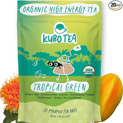 High Caffeine Tea (155 mg) - Kubo Tea: Organic Tropical Green Tea Bags for Clean Energy & Focus | Healthy Coffee Substitute | Refreshing Caffeine Blend | 20 Ct | Compostable Packaging