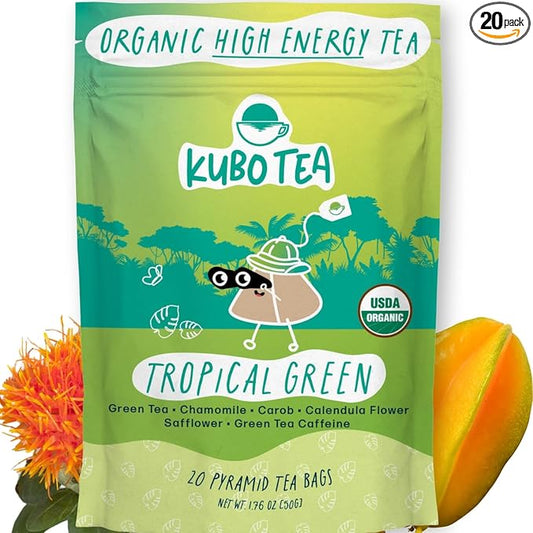 High Caffeine Tea (155 mg) - Kubo Tea: Organic Tropical Green Tea Bags for Clean Energy & Focus | Healthy Coffee Substitute | Refreshing Caffeine Blend | 20 Ct | Compostable Packaging