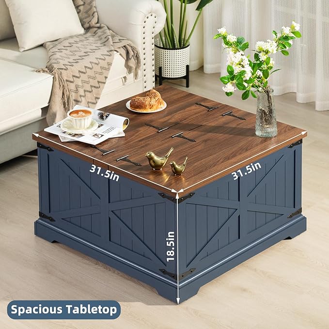 Farmhouse Coffee Table with Large Hidden Storage Compartment, Navy Blue Square Center Table, Wood Rustic Low Modern Living Room Tables with Hinged Lift Brown Top & Wooden Arc Base