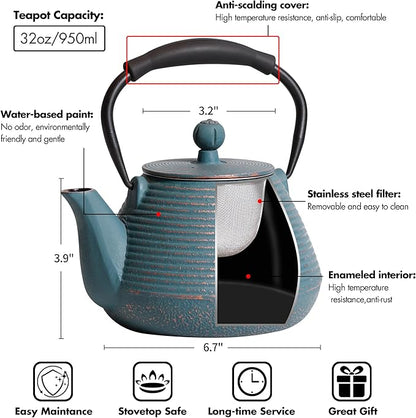 Cast Iron Teapot, 33oz Tea Kettle Stovetop Safe with Infuser for Tea & Coffee, Hand made Japanese Tea Pot Coated with Enameled Interior, Silicone Handle, 950ml Blue