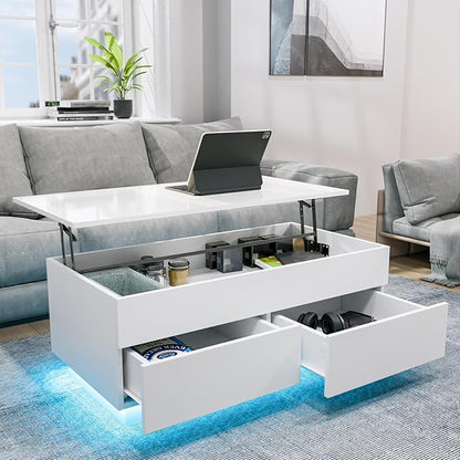 HOMMPA 40'' Lift Top Coffee Table, White With Storage for Living Room, LED Modern Design, 2 Drawers & Hidden Compartment