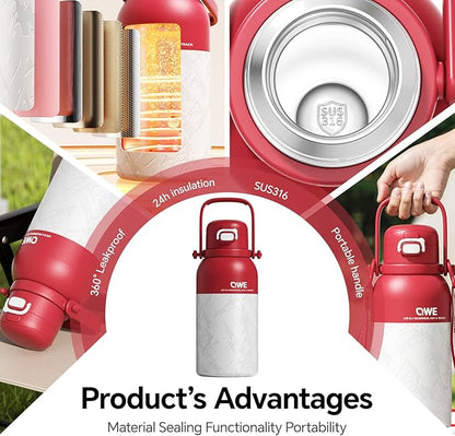 QWE Large Insulated Water Bottle with Straw&Lids,1200ml/40oz Vacuum Sealed Sport Bottles,Double Drinking,Stainless Steel Tumbler with Handle,LeakProof,BPA-Free,for Hiking,Gym,camp (Morden Red)