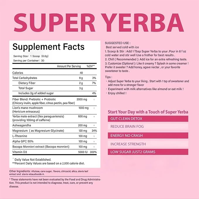 Super Yerba,Yerba Mate Instant Tea Powder,3-in-1 Formula with Low Sugar Prebiotics & Probiotics - Raspberry Lemonade Flavor with Lion's Mane,Energy Support & Focus Enhancer - Gluten-Free, Vegan, Non-GMO, 30 Servings