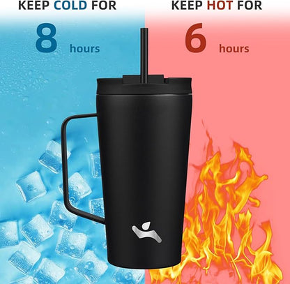 Insulated Tumbler with Handle and Straw, 18 OZ Travel Coffee Mug Stainless Steel Cup Metal Water Bottle,Black