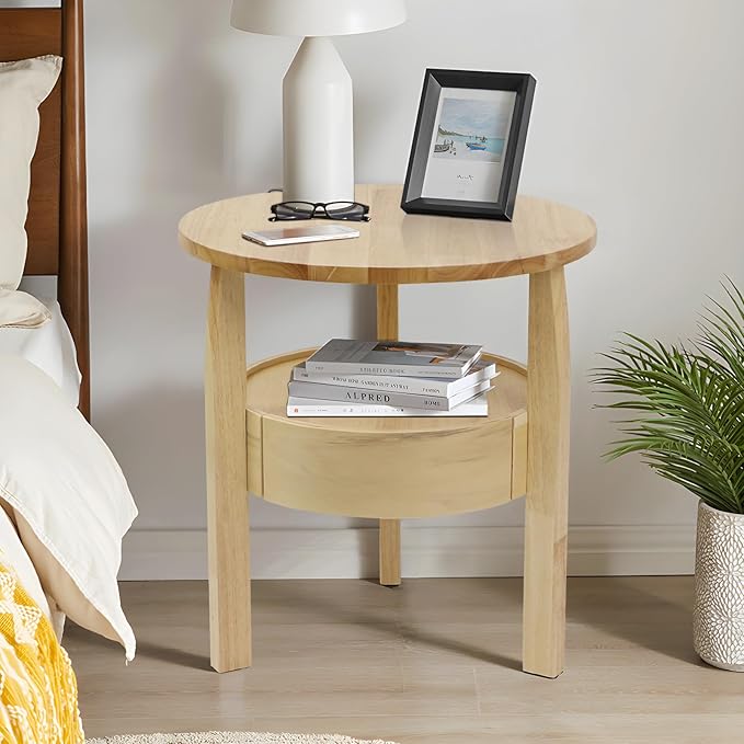 Round Coffee Table with Hidden Drawer - 20" D x 20" H Real Oak Wood Round Side Table with Storage, 2-Tier Round End Table for Sofa, Small Circle Coffee Table with Drawer for Living Room, Beige