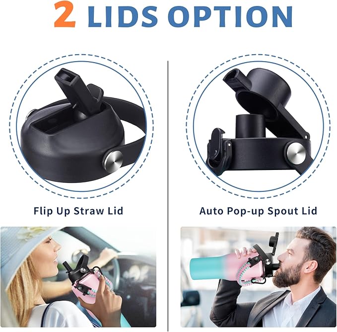 Insulated Water Bottle 32OZ That Fits in Cup Holder - Stainless Steel Water Bottle with Straw & Spout Lids, Paracord Handle, Carrying Case with Strap, Double Wall Vacuum Thermo Coffee Mug