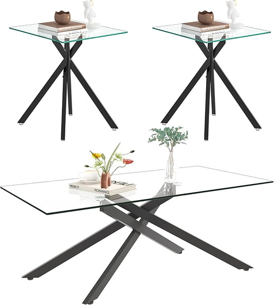 Black Glass Coffee Table Set of 3 Modern End Table Living Room Side Table, Geometric Metal Legs 47.2 Inch Clear Rectangle Center Cocktail Tables, Black