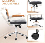 Load image into Gallery viewer, Rattan Office Chairs, Modern Rattan Desk Chair with Natural Back &amp; Wood Armrest, Small Upholstered Tufted Leather Home Office Desk Chairs for Home Office, Bedroom, Study, Black