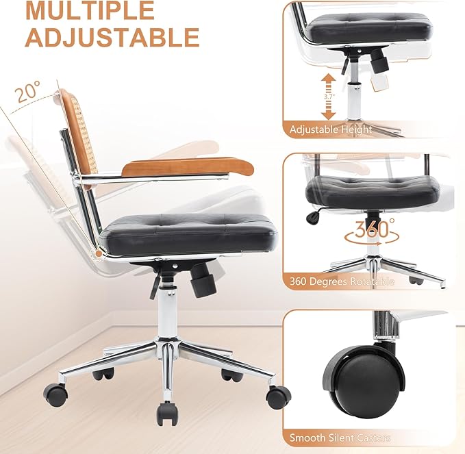 Rattan Office Chairs, Modern Rattan Desk Chair with Natural Back & Wood Armrest, Small Upholstered Tufted Leather Home Office Desk Chairs for Home Office, Bedroom, Study, Black