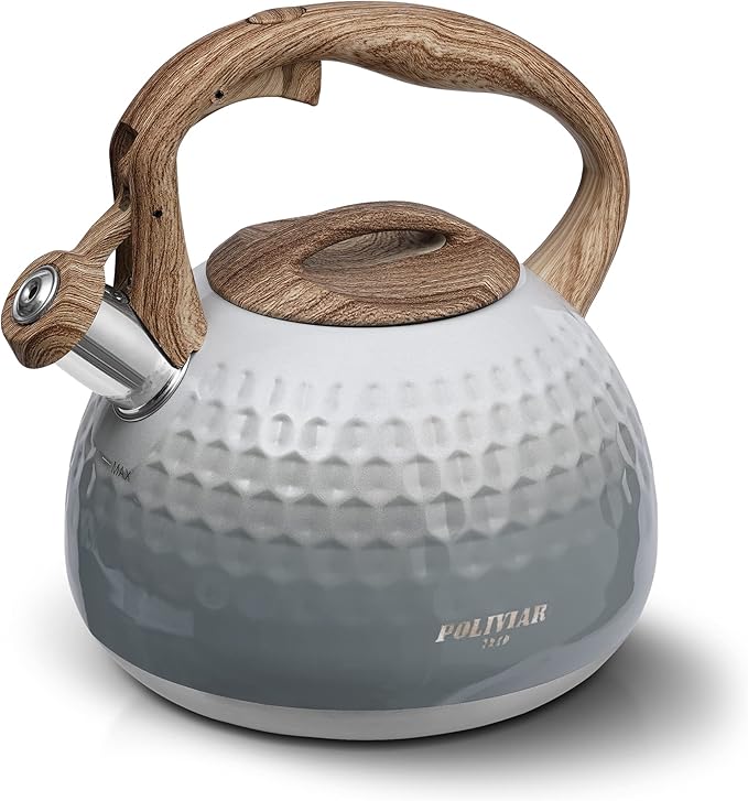 POLIVIAR Tea Kettle, Antique White Stovetop Tea Kettle 2.7 Quart, Audible Whistling Teapot, Food Grade Stainless Steel for Anti-Rust, Anti Hot Handle, Suitable for All Heat Sources (JX2020-YH30)