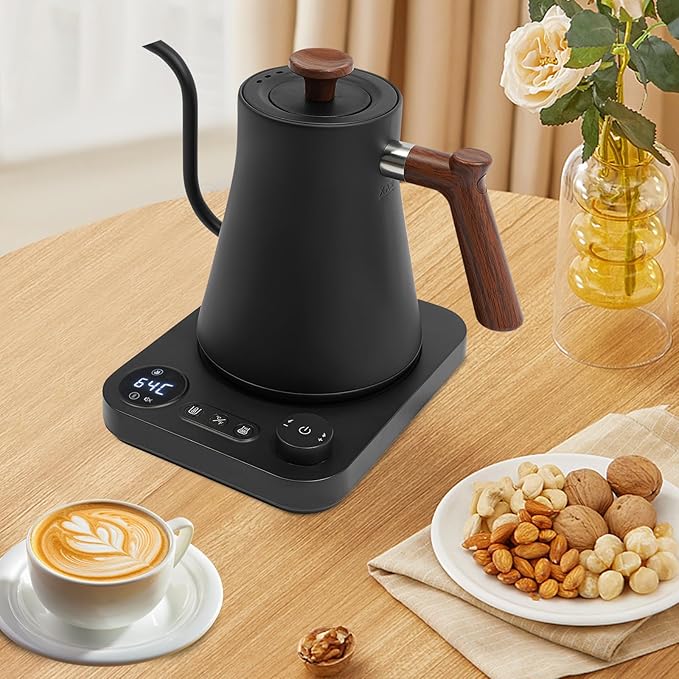 Electric Gooseneck Kettle, 1200W Precision Gooseneck Spout Designed with LED display, Digital Goose Neck Kettle for Quick Heat Up, Stainless Steel, Black, 0.9 Liter