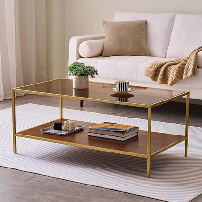 Glass Coffee Table for Living Room and Bedroom, 2-Tier Mid-Century Modern Table with Amber Tempered Glass Top and Walnut Finish Wood Shelf, Metal Legs with Gold Finish