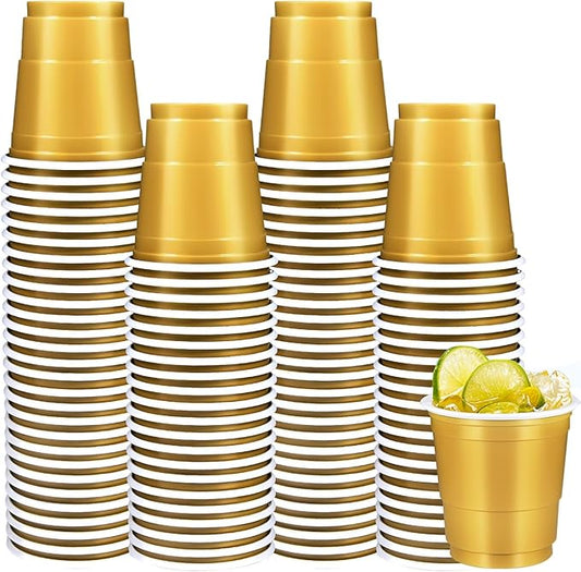 100 Pack 2 oz Plastic Shot Glasses Disposable Shot Cups, Mini 2oz Party Cups for Graduation, Christmas, Birthday, Wedding, Bachelorette Party (Gold)