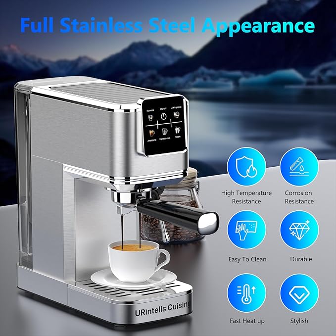 Espresso Machine 20 Bar,Touch Screen Espresso Maker with Steam Milk Frother,Stainless Steel Coffee Machine for Cappuccino Latte Americano Cold Brew,1350W Fast Heat Up System,Silver