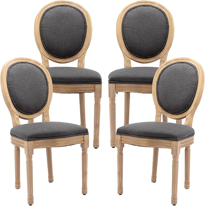 French Country Dining Chairs Set of 4, Vintage Wooden Dining Chairs with Fabric Upholstered Seat&Oval Backrest,Solid Wood Legs&Frame, Farmhouse Kitchen&Living Room Chairs(Dark Gray,4 Pcs)