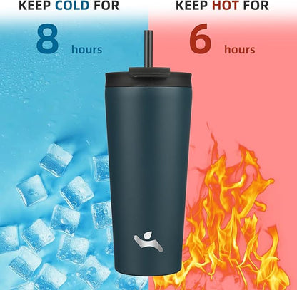 22 OZ Insulated Tumbler with Lid and 2 Straws Stainless Steel Water Bottle Vacuum Travel Mug Coffee Cup,Navy Blue