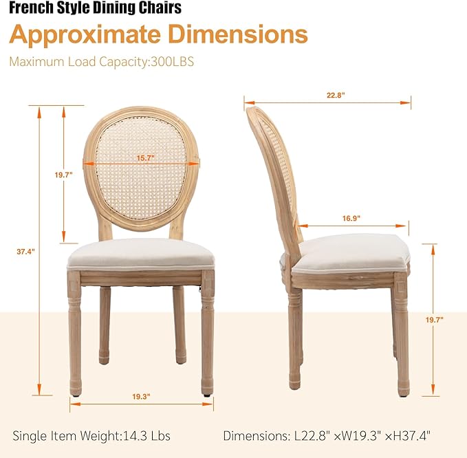 French Country Dining Chairs Set of 8, Vintage Wooden Dining Chairs with Fabric Upholstered Seat&Rattan Oval Backrest,Solid Wood Legs&Frame, Farmhouse Kitchen&Living Room Chairs(Beige,8 Pcs)