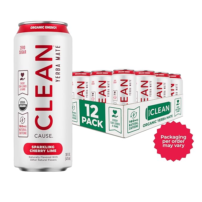 CLEAN Cause Zero Sugar Cherry Lime Yerba Mate Tea Sparkling, USDA Organic Energy Drink Alternative, Zero Calorie, 160mg Natural Caffeine, Soda Alternative, Plant-Based (16oz cans, 12-Pack Case)