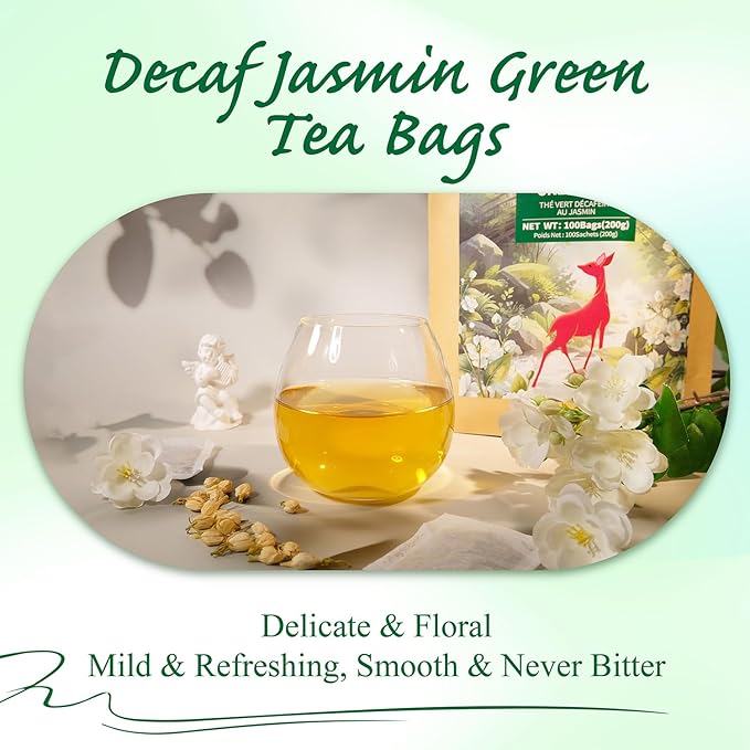 WT WEETEE Decaf Jasmine Green Tea Bags 100 Count, CO2 Decaffeinated Green Tea Infused with Jasmine Aroma | Resealable Kraft Bag | Brew Hot or Iced