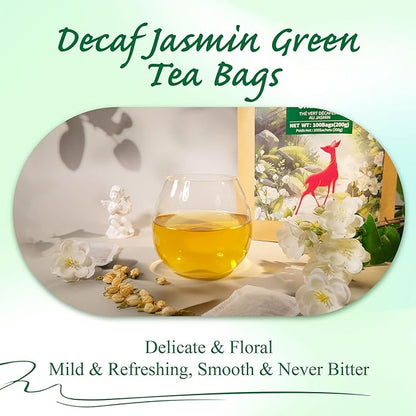 WT WEETEE Decaf Jasmine Green Tea Bags 100 Count, CO2 Decaffeinated Green Tea Infused with Jasmine Aroma | Resealable Kraft Bag | Brew Hot or Iced