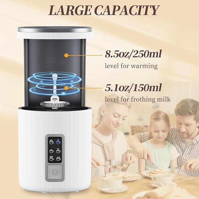 Milk Frother, 6-in-1 Electric Milk Frother and Steamer, 8.5oz/250ml Hot and Cold Foam Maker and Milk Warmer with Auto Shut-Off & Screen Display for Latte, Cappuccinos, Macchiato, Coffee (White)