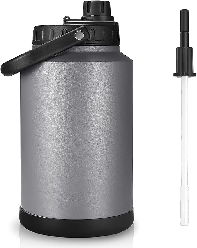 Sursip One Gallon Insulated Water Jug wtih Straw,128 Oz Large Sports Water Bottle Stainless Steel Thermos Hot & Cold Drinks for Travel, Hiking, Camping 1 Gallon Jug (Grey)