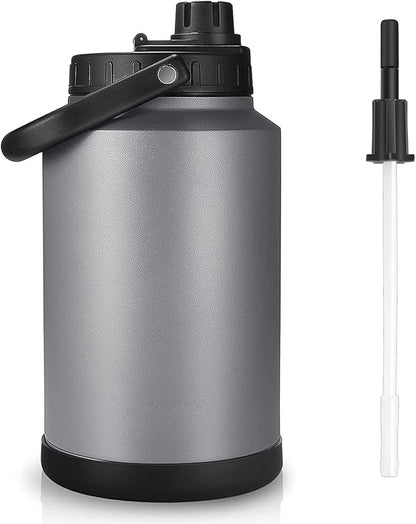 Sursip One Gallon Insulated Water Jug wtih Straw,128 Oz Large Sports Water Bottle Stainless Steel Thermos Hot & Cold Drinks for Travel, Hiking, Camping 1 Gallon Jug (Grey)