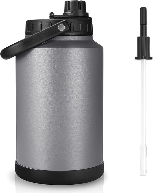 Sursip One Gallon Insulated Water Jug wtih Straw,128 Oz Large Sports Water Bottle Stainless Steel Thermos Hot & Cold Drinks for Travel, Hiking, Camping 1 Gallon Jug (Grey)