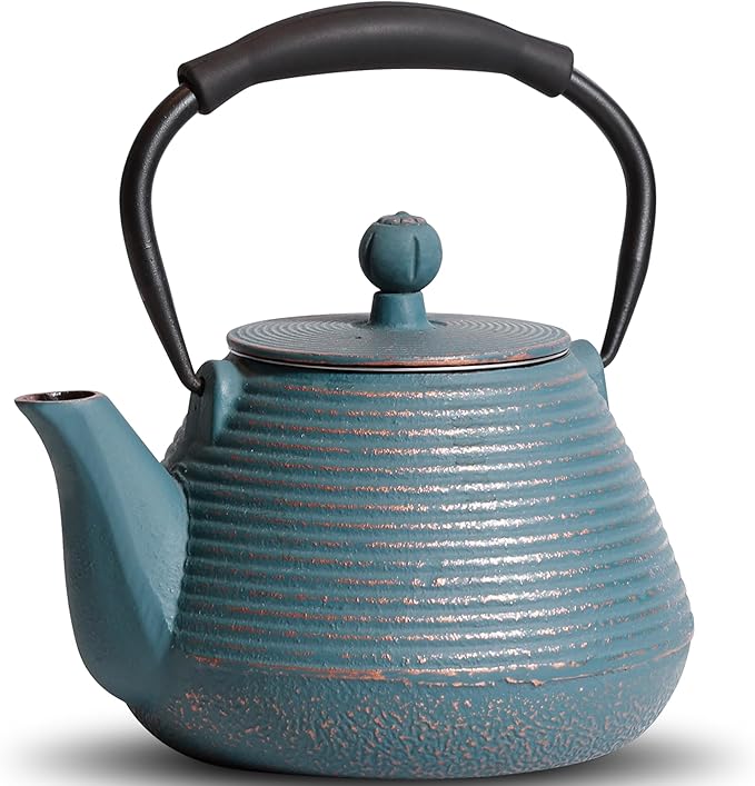 Cast Iron Teapot, 33oz Tea Kettle Stovetop Safe with Infuser for Tea & Coffee, Hand made Japanese Tea Pot Coated with Enameled Interior, Silicone Handle, 950ml Blue