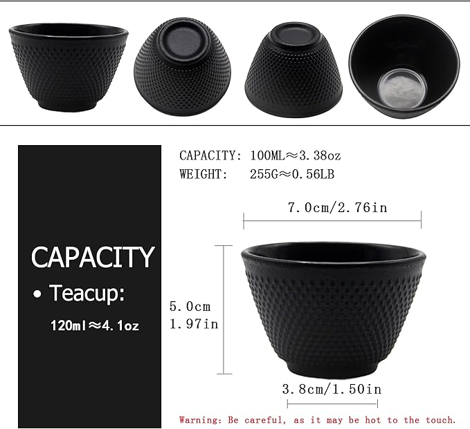 Japanese Cast Iron Tea Cups, Small and Heavy Teacups with no Handles, Japanese Style Cup for Adults, Asian Teacup, Coated with Enameled Interior, 4 Pcs/Box (Black, 3.38oz/100ml)