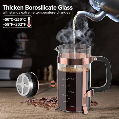 QUQIYSO French Press Coffee Maker 34oz 304 Stainless Steel with 4 Filter, Heat Resistant Durable, Easy to Clean, Borosilicate Glass Press, 100% BPA Free Teapot (Copper)