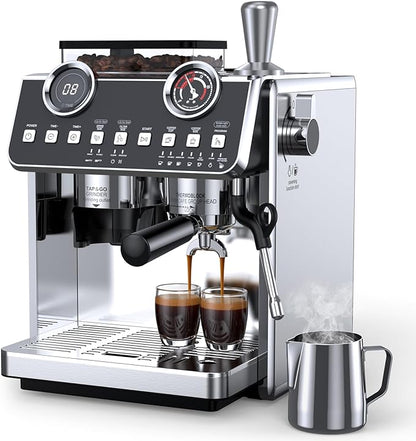 Espresso Machine with Grinder, 20 Bar Pressure Professional Espresso Maker with 30 Grinding Settings, 58mm Portafilte, Anti-scalding Milk Frother Steam Wand for Latte Cappuccino (Stainless Steel)