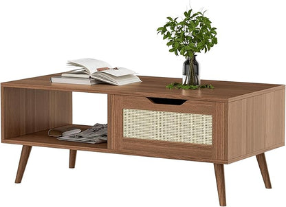 Brown Rattan Coffee Table, Mid Century Modern with Drawer & Shelf, 39'' Wooden Boho Coffee Table for Living Room