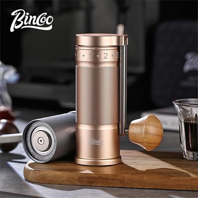 Bincoo Manual Coffee Grinder with Foldable Handle– External Setting Hand Coffee Grinder with Steel Burr,Compact and Portable for Home/Travel/Camping(Champagne)