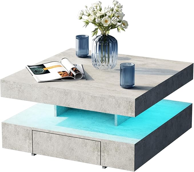 Grey LED Coffee Table with 2 Storage Drawers for Living Room Square Center Middle Table Modern Cocktail Table with Light 2-Tier Tea Tables Contemporary Mid Century Wood Home Office Waiting Room
