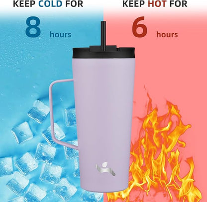 Insulated Tumbler with Handle and Straw, 22 OZ Travel Coffee Mug Stainless Steel Cup Metal Water Bottle,Taro