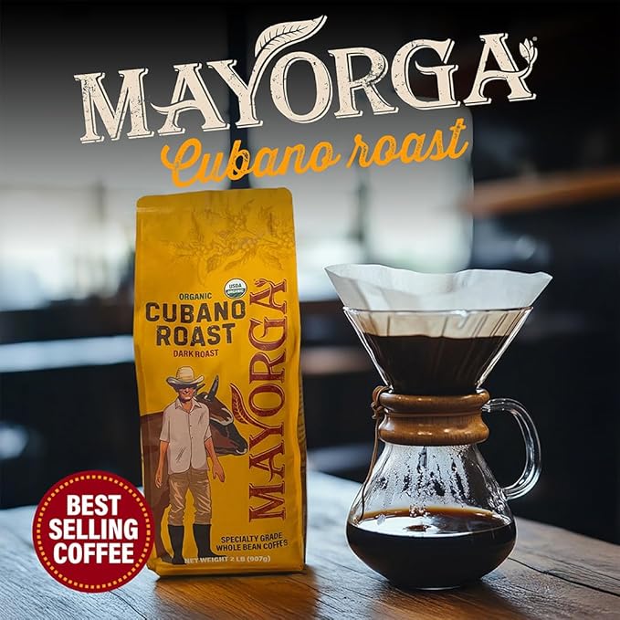 Mayorga Organic Coffee 2lb Cafe Cubano Roast - Dark Roast Whole Bean Specialty Grade Coffee, 100% Arabica, Slow Roasted, Bold and Smooth Flavor with Low Acidity - USDA Organic, Non-GMO, Kosher