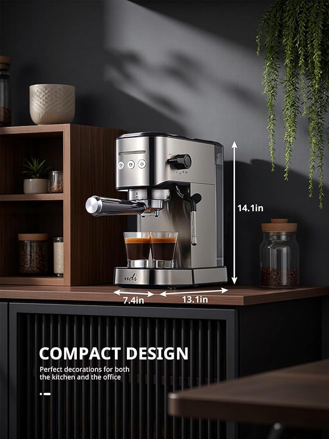 UDI Espresso Machine with Milk Frother, 20 Bar High Pressure Professional Espresso Maker Automatic, Compact Stainless Steel Coffee Machine for Cappuccino, Latte, Silver
