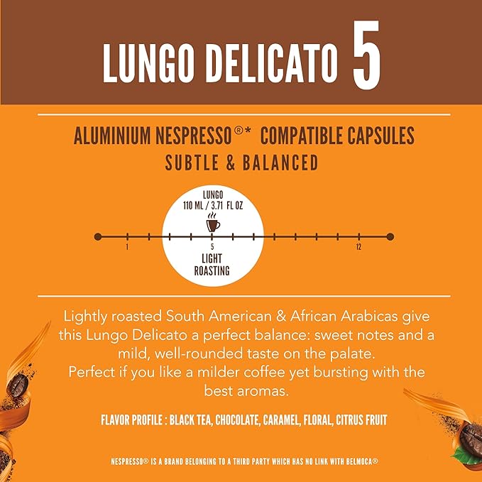 Belmio Lungo Delicato Espresso Coffee Pods – Light Roast – Mild & Aromatic - Nespresso Original Line Compatible – 10 Count (Pack of 10)