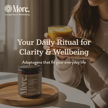 More. Longevity & Wellbeing Mushroom Coffee Superfood – 7 Functional Mushrooms with Lion’s Mane, Reishi, Chaga & Ashwagandha Extract, Instant Coffee Alternative with Prebiotics and Essential Vitamins for Focus & Energy, Mocha