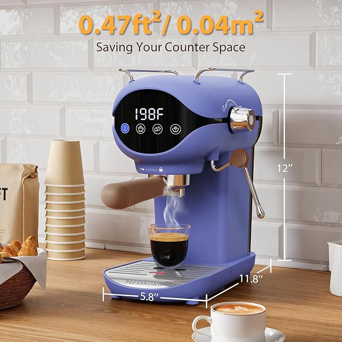 Espresso Machine with Steam Milk Frother Semi Automatic 20 Bar Compact Blue with Touch Screen for home Cafetera Espresso, Latte, Cappuccino, Americano, Macchiato