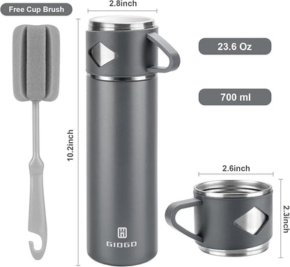 Stainless Steel Thermo 700ml/23.7oz Vacuum Insulated Bottle with Cup for Coffee Hot drink and Cold drink water flask.(Gray,Set)