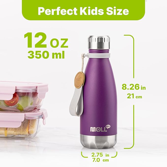 12 oz Water Bottle-Stainless Steel Vacuum Insulated Water Bottle for Kids School | Cola Shape Sports Leak Proof Water Flask with Carry Rope, Dark Purple