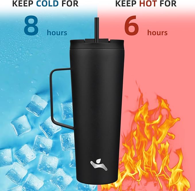 Insulated Tumbler with Handle and Straw, 26 OZ Travel Coffee Mug Stainless Steel Cup Metal Water Bottle,Black